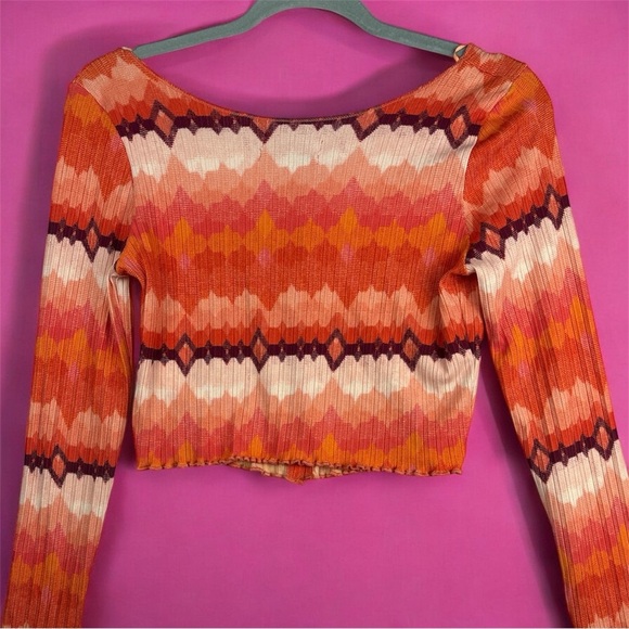 Urban Outfitters Bold Orange Chevron Ribbed Crop Button Up Casual Blouse Large - Picture 2 of 11